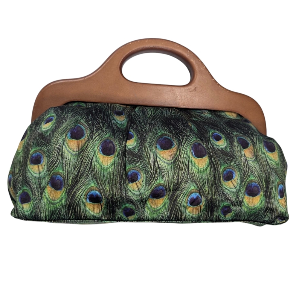 Aldo Peacock Feather Print Handbag W Wood Handle.